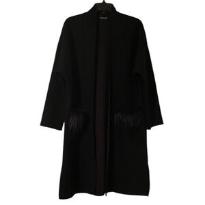 Darkwin Women's Black Faux Fur Pocket Wool Blend Knee Length Cardigan Size XXL